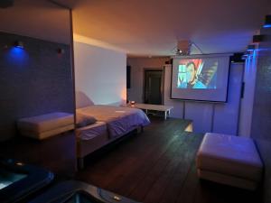 una camera con letto e TV a parete di Jacuzzi Vaki Apartment a Belgrado