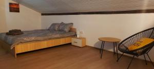 1 dormitorio con 1 cama, 1 mesa y 1 silla en Casuta de vacanta Miniş II, en Miniş