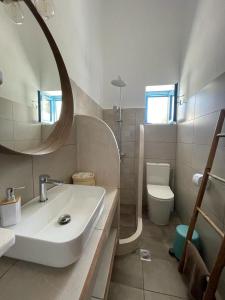La salle de bains est pourvue d'un lavabo, d'un miroir et de toilettes. dans l'établissement Vera Mare, à Agia Marina