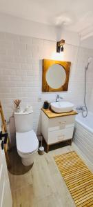 a bathroom with a toilet and a sink and a mirror at Warm and cozy studio flat near Straja in Uricani