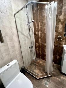 ein Bad mit einer Dusche und einem WC. in der Unterkunft Tsakhkadzor Kechi House Цахкадзор Кечи in Zaghkadsor