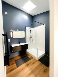 een badkamer met een wastafel en een glazen douche bij Loft - Centre Ville in Brest