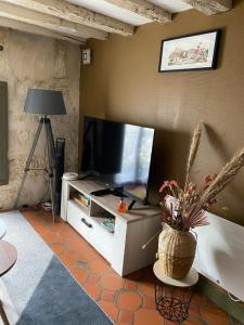 sala de estar con TV de pantalla plana en un soporte en LE PTIT SAINT-FRONT, en Périgueux