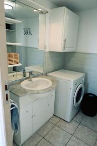a bathroom with a sink and a washing machine at Appartement coup de coeur les pieds dans l'eau in Le Barcarès