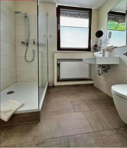 ein Bad mit einer Dusche, einem WC und einem Waschbecken in der Unterkunft Jagdhaus Rech - Ahr in Rech