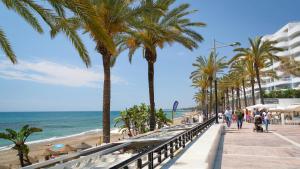 una pasarela a lo largo de la playa con palmeras y el océano en The Farm Lodge en Marbella