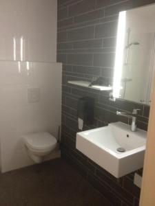 a bathroom with a toilet, sink and mirror at La Casita bed and breakfast in Voorschoten