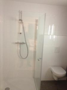 een witte badkamer met een douche en een toilet bij La Casita bed and breakfast in Voorschoten