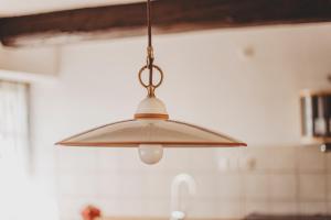 aendant light hanging from a ceiling in a kitchen at Boutique Apartmán Speicher in Prague +21 photos