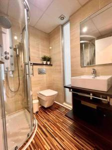 e bagno con lavandino, servizi igienici e doccia. di Apartamento céntrico con plaza de garaje y piscina a Murcia