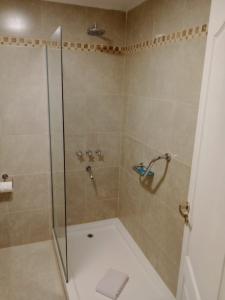 a bathroom with a shower with a glass door at Hostería Las Semillas in Villa La Angostura