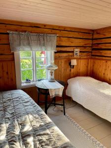 MietoinenにあるLillby Bed&Breakfastのベッド2台付きの客室で、キャビン内に窓があります。 +10枚の写真