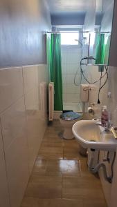 łazienka z umywalką, toaletą i zieloną zasłoną prysznicową w obiekcie Flensburg Strandnah 2 w mieście Flensburg