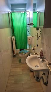 łazienka z zieloną zasłoną prysznicową i toaletą w obiekcie Flensburg Strandnah 2 w mieście Flensburg