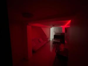 uma sala de estar com iluminação vermelha e uma sala de jantar em F2 situé entre Paris et EuroDisney proche de la ligne RER A à Bry-sur-Marne em Bry-sur-Marne