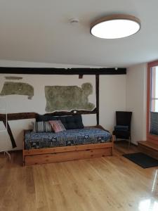 - une chambre avec un lit et un grand plafond dans l'établissement Ferienwohnung im Auszeithaus Hohenlohe, à Forchtenberg