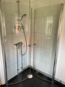 un bagno con box doccia e porta a vetri. di Barkeryd Norrtorpet a Nässjö