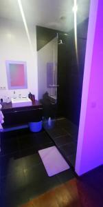 La salle de bains est pourvue d'un lavabo et d'une douche avec un éclairage violet. dans l'établissement Appartement entier hypercentre Bruxelles immeuble art deco, à Bruxelles