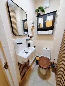 a bathroom with a sink and a toilet and a mirror at Castle View Guest House in Harlech