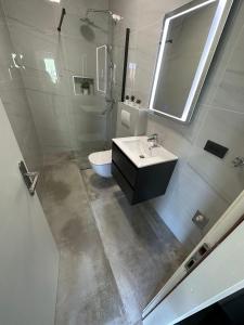 een badkamer met een wastafel, een toilet en een spiegel bij Apartment Roni in Zadar