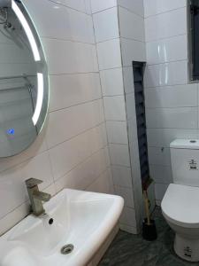 ein Badezimmer mit einem Waschbecken, einem WC und einem Spiegel in der Unterkunft 3 Bedroom Luxury Apartment in Lekki in Lagos