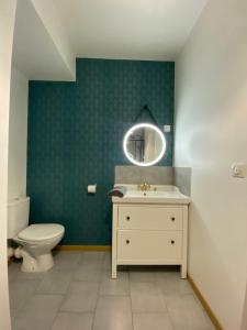 La salle de bains est pourvue de toilettes, d'un lavabo et d'un miroir. dans l'établissement Bienvenue à la réderie d’Amiens, à Amiens