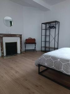een witte kamer met een bed en een open haard bij Appartement Centre Ville in Nevers