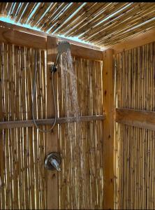 a shower in a straw building with a shower head at השקדיה - Shkedya in Mitzpe Ramon