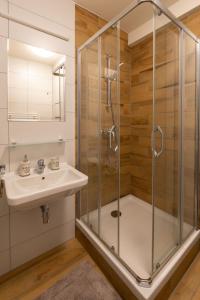 W łazience znajduje się prysznic i umywalka. w obiekcie Apartmán Katka w Liptowskim Janie