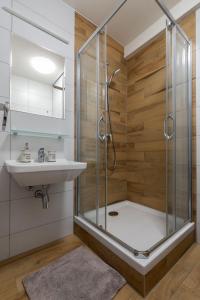 W łazience znajduje się prysznic i umywalka. w obiekcie Apartmán Katka w Liptowskim Janie