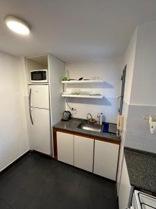 een kleine keuken met een koelkast en een wastafel bij Departamento Cañada Completo in Cordoba