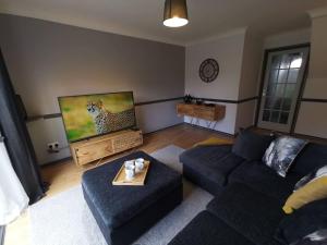 a living room with a couch and a television at Suburban 2-bed, entire home, free parking, Maidstone, Kent UK in Boxley