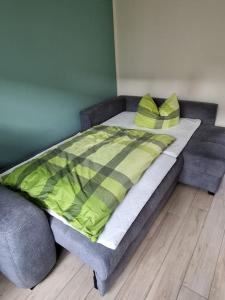 1 cama con 2 almohadas en una habitación en ruhige Einliegerwohnung+Terrasse, en Jena