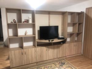 un centro de entretenimiento con TV en la sala de estar en Petar Apartment, en Mavrovo