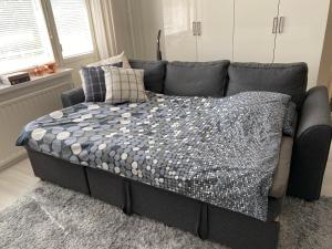 um sofá com uma cama numa sala de estar em Tilava yksiö keskeisellä sijainnilla Kuopiossa em Kuopio