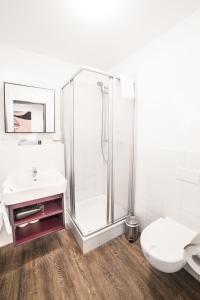 a bathroom with a shower and a toilet and a sink at Luxstay Friedberg - Self-Check-In in Friedberg