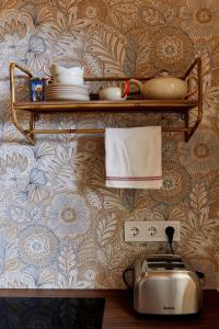 Il comprend une cuisine équipée d'un grille-pain et de plaques murales. dans l'établissement Asbóth 221 COZY CENTER APARTMENT, à Budapest