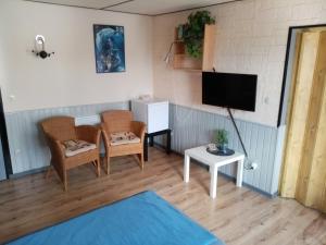 Zimmer mit einem TV, Stühlen und einem Tisch in der Unterkunft Pension Hubertus in Oberraden