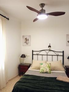 Schlafzimmer mit einem Bett und einem Deckenventilator in der Unterkunft Apartamento San Miguel in Baena