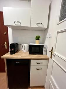 a small kitchen with a microwave on a counter at Apartament Kościuszki in Świnoujście
