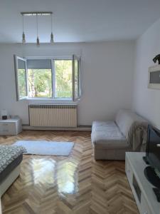 ein Wohnzimmer mit einem Sofa und einem TV in der Unterkunft APARTMAN MARKOVIC in Loznica
