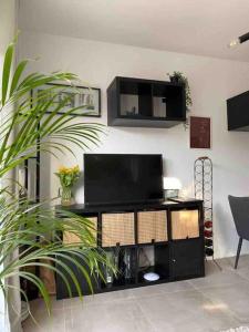 a black entertainment center with a flat screen tv on a wall at Apartment Bellalegna in Geislingen an der Steige