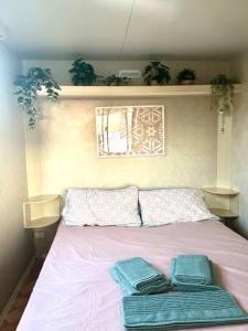 1 dormitorio con 1 cama rosa con 3 almohadas en Coqueta casita de playa en el Palmar, en El Palmar