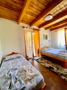 a bedroom with two beds in a room with wooden ceilings at Guest House Aprripe Guri in Fierzë +66 photos