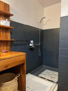 a bathroom with a shower with a blue wall at La Kaz LANGEVIN in Saint-Joseph
