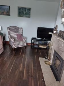 ein Wohnzimmer mit einem Kamin und einem TV in der Unterkunft Hillside Haven in Tipperary