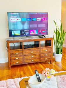 TV en un soporte de madera en la sala de estar en Cozy, Private Loft 15 min away from Downtown Detroit en Grosse Pointe Park