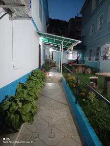 une passerelle devant un bâtiment avec des plantes dans l'établissement Vila Arbri7, à Pogradec