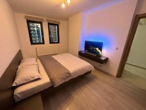 a bedroom with a bed and a tv in it at BTA Apartment Park Lake in Cluj-Napoca