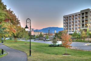 Courtyard by Marriott Pigeon Forge في بيدجن فورج: ضوء الشارع في حديقة بجوار مبنى